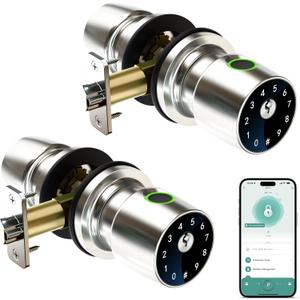 IRONZON Fingerprint Door Knob for Bedroom - 2Pcs 291Y 4-in-1 Keyless Bedroom Door Knob Smart Lock with App, One-tap Privacy Mode Setup, Auto-Lock Easy to Install - Satin Nickel (Silver2P)