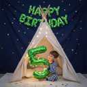 Green Pixel Foil Balloon Set (2pcs)  "Happy Birthday" Letter Banner + 40" Number 5 Balloon  Party Supplies with Matching Rope & Straw, Backdrop Decorations