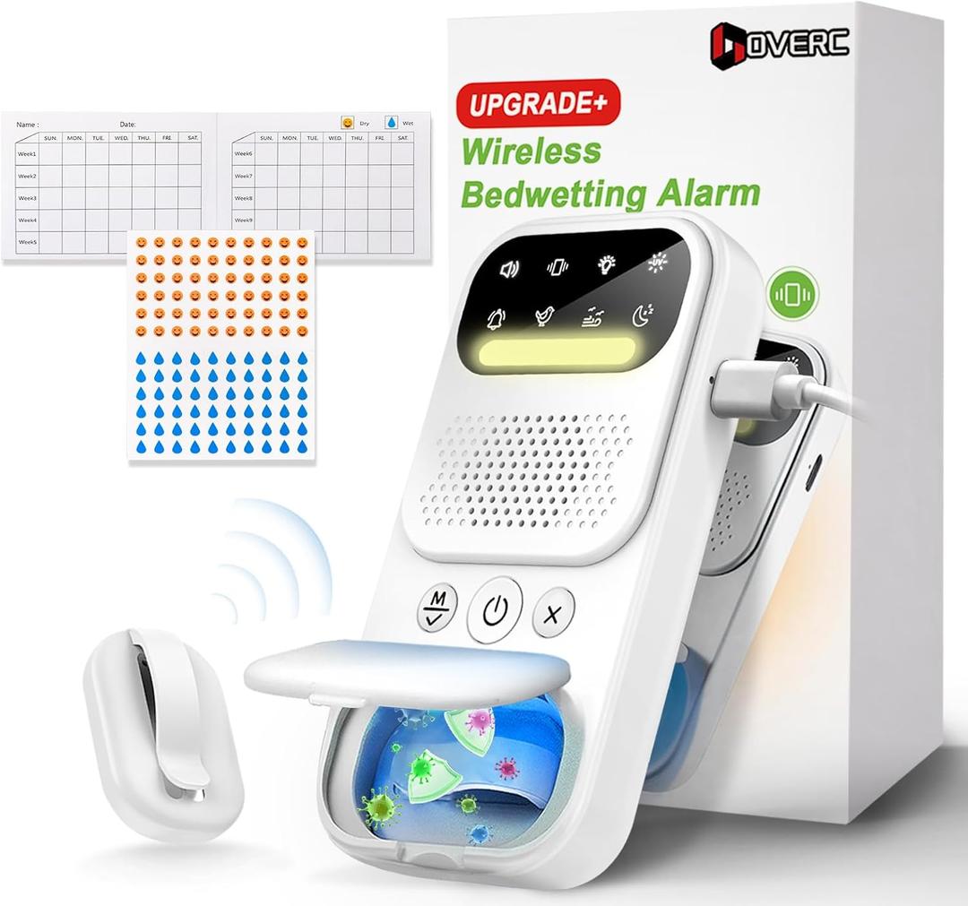 Bedwetting Alarm, Bed Wetting Alarm for Boys Girls and Older Kids, Wireless Sensor Bedwetting Solutions for Adults Pee Alarm, Night Potty Training Device with UV Mode/Night Light/Sound/Vibration (White)