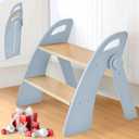 Wooden Step Stool, Two Step Stools, 300 lb. Load Capacity, with Safety Non-Slip Pads and Handles, Bamboo Step Stool for Bathroom and Kitchen, Children's Christmas GiftBlue