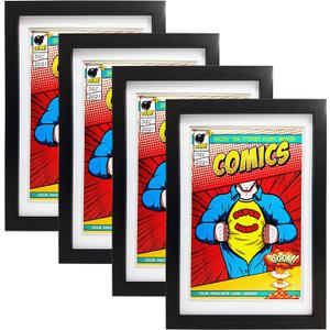Comic Book Frame,4 Pack,Ultraviolet UV Protection, Fits Current Comics up to 6 3/4 inch x 10 1/4 inch, Wall or Tabletop Display,Spring Clips (Black Frame White Mat, 4)
