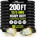200ft Outdoor/Indoor Extension Cord 12/3 Gauge Extra Heavy Duty 3 Prong SJTW, Waterproof, Flexible Cold-Resistant Long Power Cord,125 Amp 1000W, Black by LifeSupplyUSA (200 FT)