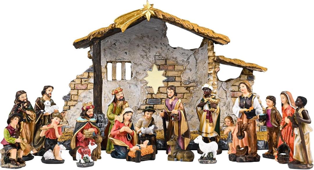 TLY Nativity Sets for Christmas Nativity Sets & Figures, Resin Nativity Scene Stable and 20 Pcs Christmas Nativity Set Figurine Holy Family Xmas Decoration Tabletop Decor Set