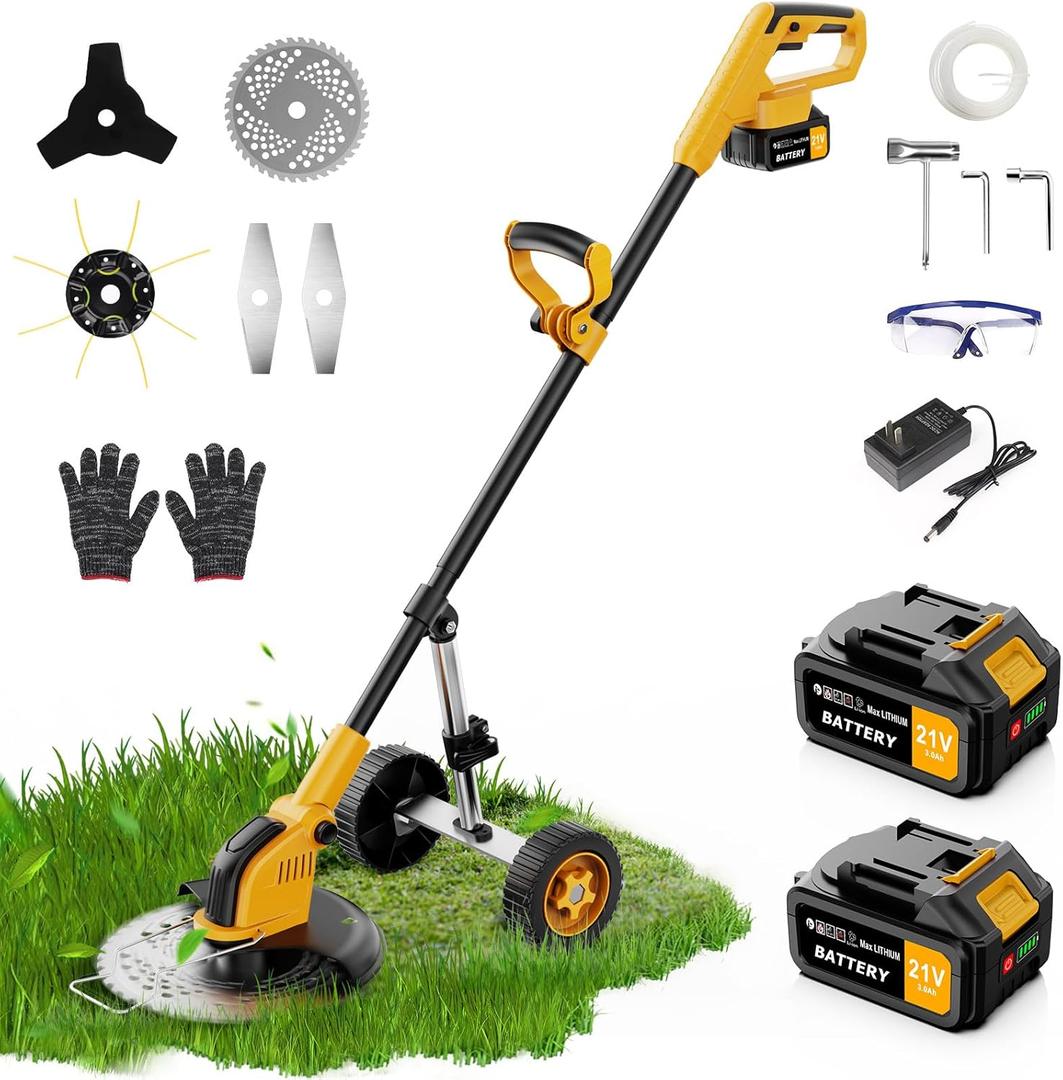 12-inch Electric Weed Wacker Cordless on Wheels, 21V 2 * 3000mAh Weed Eater Battery Powered,Cordless String Trimmer with Brushless Motor,Grass Trimmer and Brush Cutter with 4 Types of Blades for Lawn