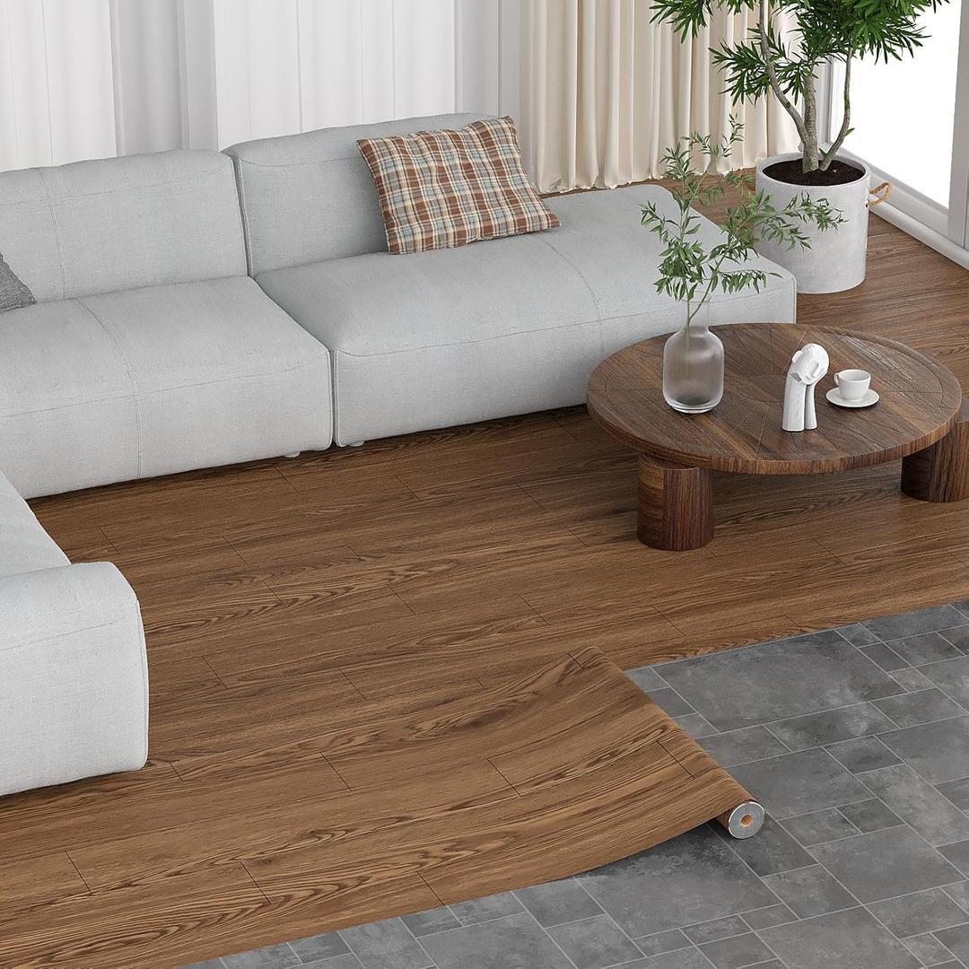 Oxdigi Peel and Stick Vinyl Flooring Roll 24"x 196"/ 32 Sq.Ft, Self Adhesive Vinyl Wood Flooring Planks Floor Tiles Stickers Waterproof for Bathroom Living Room Bedroom Kitchen RV, Walnut Wood Plank