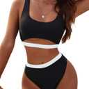 Blooming Jelly Women's High Waisted Bikini Sets High Cut Bathing Suits Two Piece Sporty Cut Out Swimsuits (Large, Black and White)
