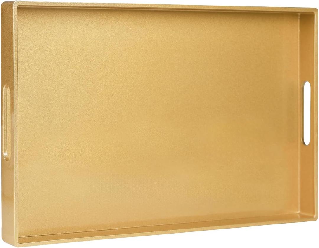 MAONAME Gold Decorative Tray for Coffee Table, Modern Serving Tray with Handles, Plastic Ottoman Trays for Living Room, Bathroom Decor, 15.8" L x 10.2" W x 1.4" H (15.8" x 10.2" x 1.4", Gold)