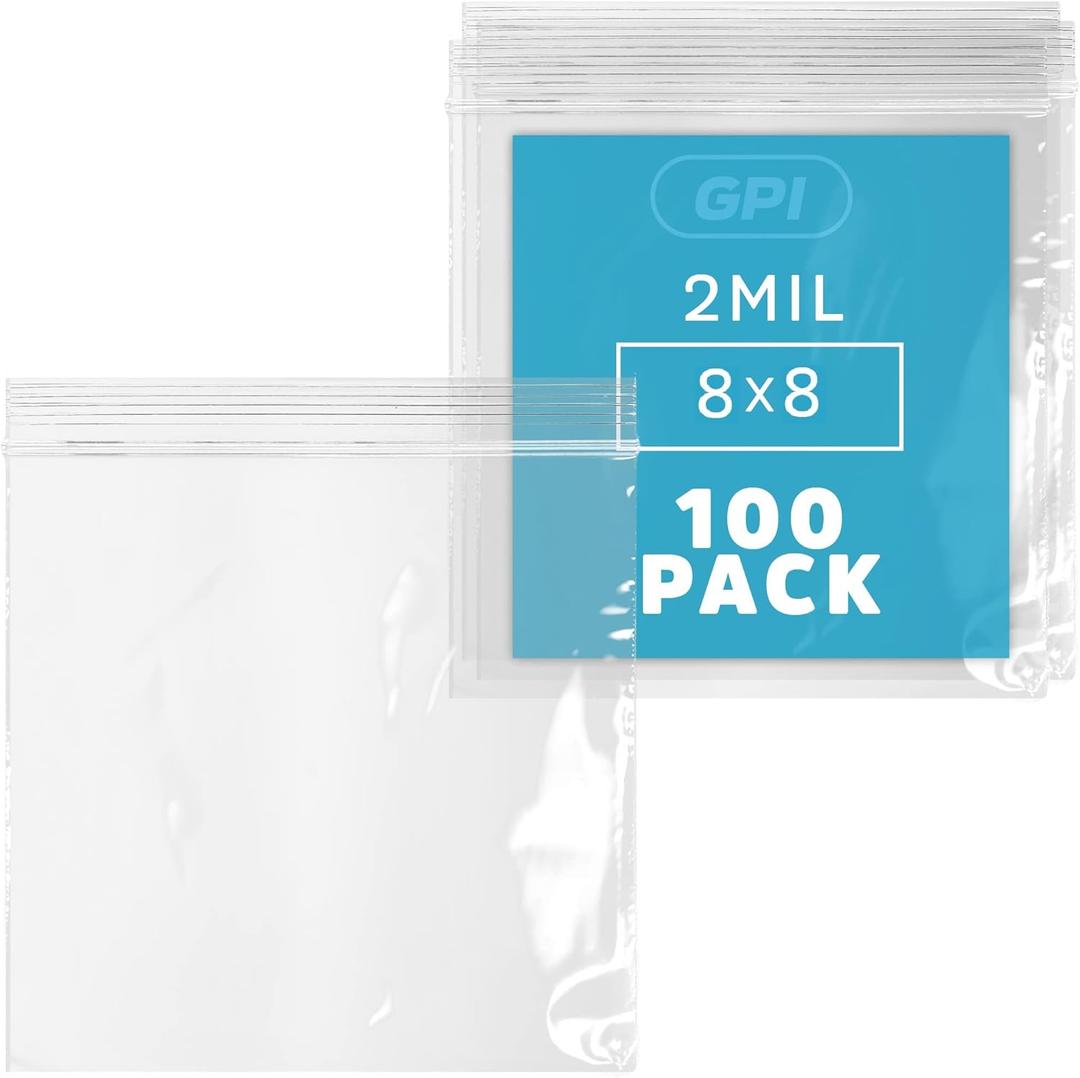 GPI - 8" x 8" Zip Bags, Clear Plastic Reclosable Zipper Baggies with Resealable Zip Top Lock for Sandwiches, Food Storage, Craft & Office Supplies & Toys. 2 Mil Thick. 100 Count