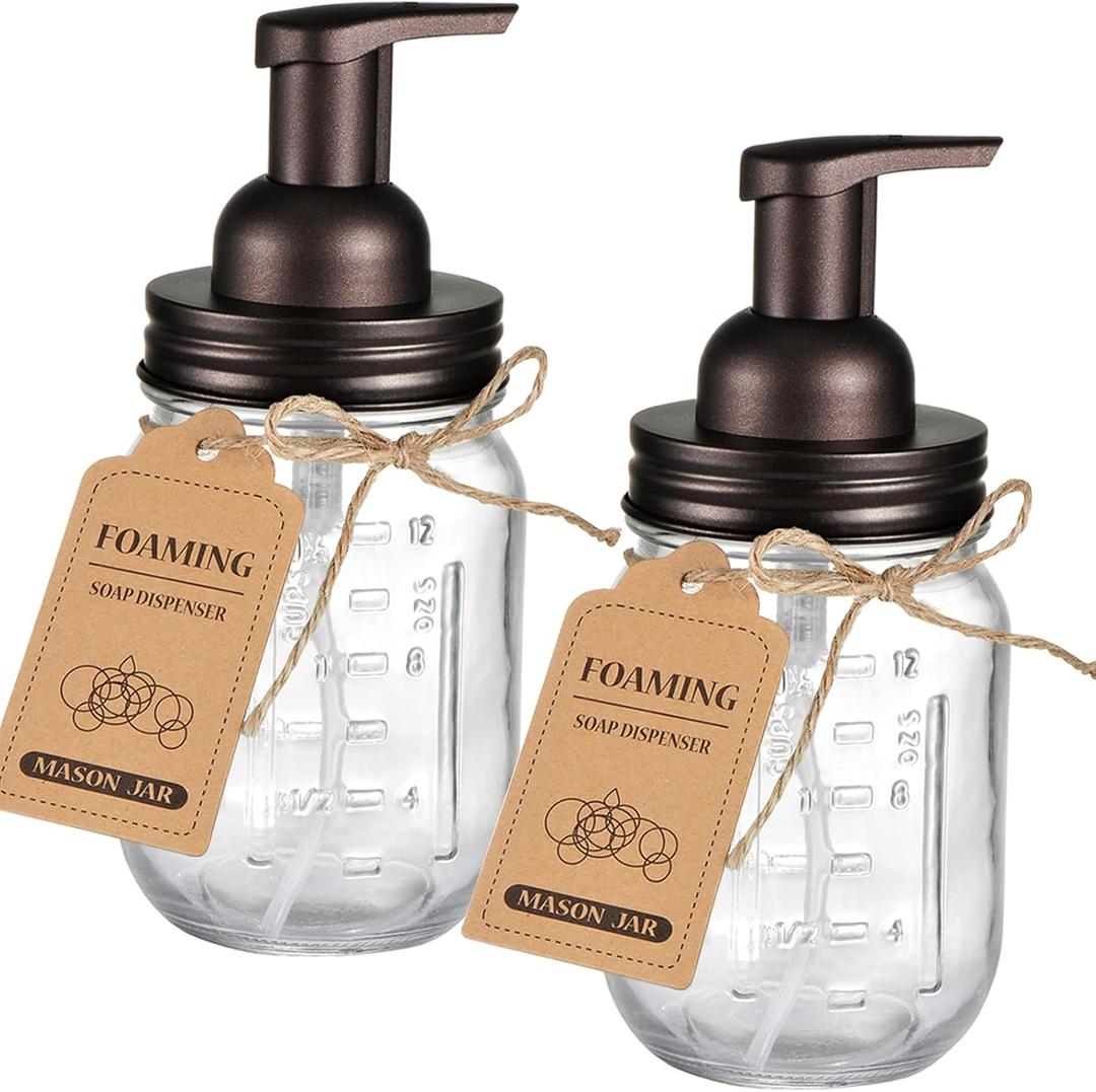 SheeChung Mason Jar Foaming Soap Dispenser-Rustproof Stainless Steel Lid & Foaming Soap Pump, Refill Foam Hand Soap Dispenser Glass for Bathroom Kitchen Vanities, Countertops-Bronze (2 pk)