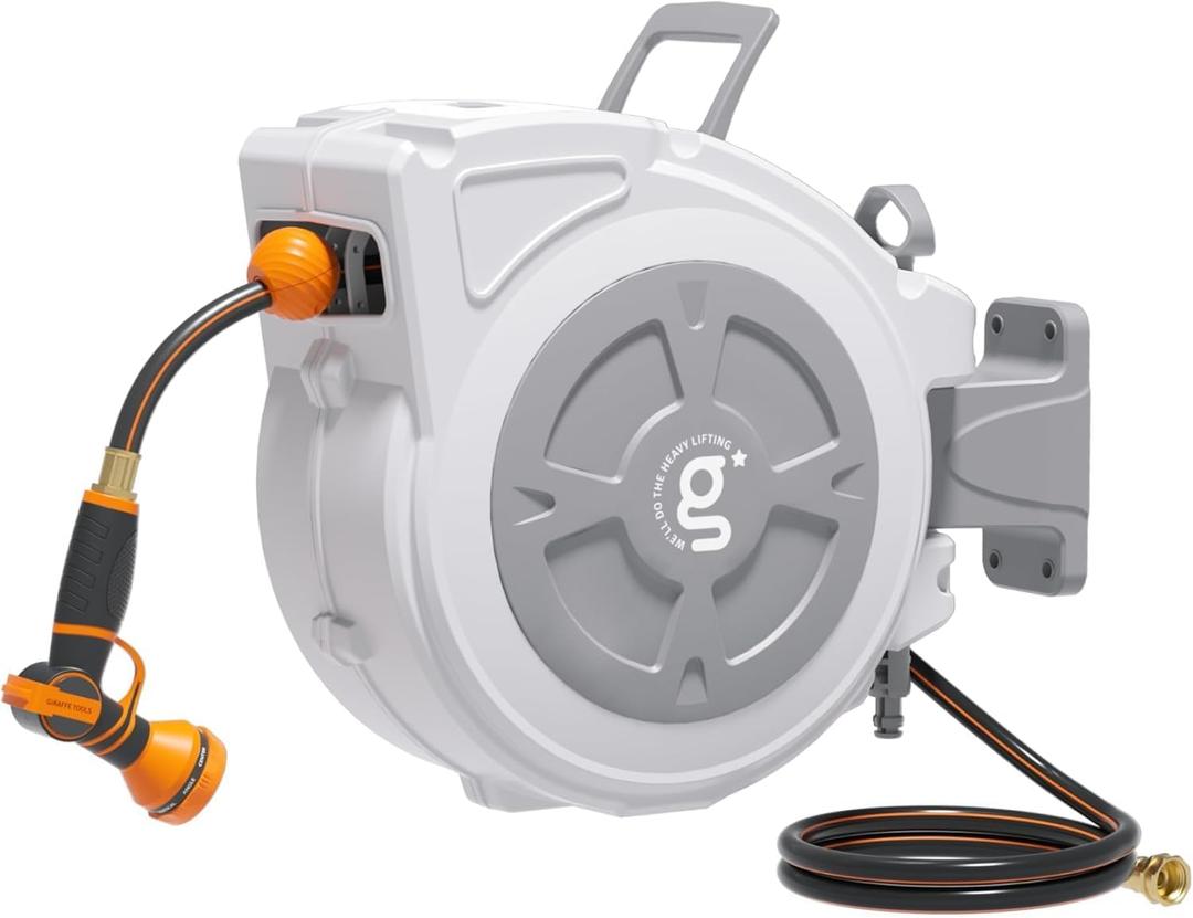 Giraffe Tools Retractable Hose Reel 1/2" x 65 ft Wall Mount Auto Rewind | Garden Hose Reel Heavy Duty,Any Length Lock,Auto Rewind System,180Swivel Bracket,Easy to Assemble,9-Function Sprayer Nozzle
