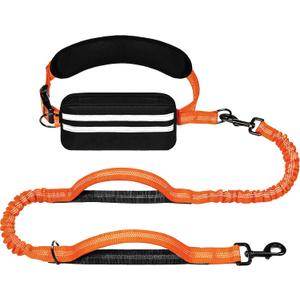 Hands Free Dog Leash with Zipper Pouch, Running Waist Leash for Dog Walking, Adjustable Waist Belt for Large Dogs, Reflective Bungee Design with Two Handle for Hiking, Training, Orange
