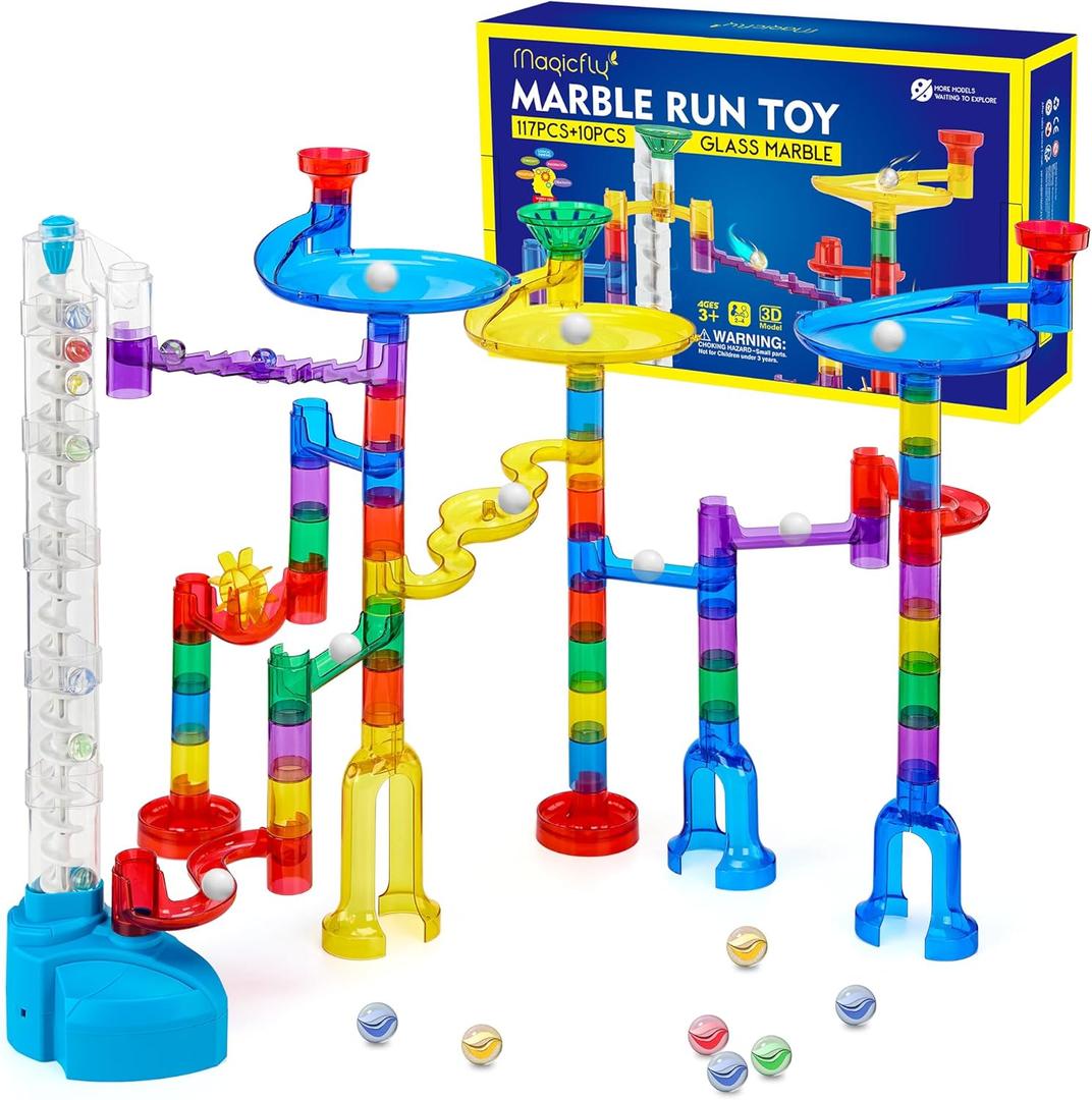 Magicfly Marble Run Set with Motorized Elevator, 127 Pcs Marble Track Building Toy with Glass Marbles for Kids, Ideal STEM Marble Maze Gift for Christmas or Birthday