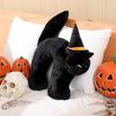 Soulchen Black Cat with Witch Hat Shaped Plush Pillow Frightened Cat Shaped Pillow Black Kitten Stuffed Animals Toy Halloween Decorative Gift for Trick or Treaters