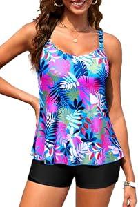 Aqua Eve Women's Two Piece Tankini Swimsuit with Shorts - Flowy Tummy Control Bathing Suit with Scallop Trim 2025 Leaves XL