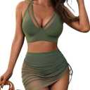 Blooming Jelly Womens Swim Skirt High Waisted Bikini Sets Tummy Control Swimsuits Mesh Sarong Wraps Bathing Suits (Large, Army Green)