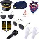 8PCS Airline Pilot Captain Hat Costume Kit with Sunglasses Badge Tie Gloves for Halloween Dress Up Accessories (Black)