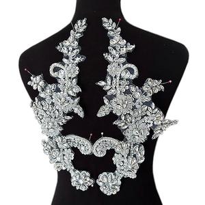 Handmade Rhinestones Applique Silver Glass Stones Beads Bling Bright Crystal White Lace Patches Bodice Accessories for Wedding Dress Decorations