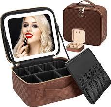Seoneiro Makeup Travel Bag with LED Lighted Mirror Adjustable Brightness Portable Waterproof Makeup Case with Adjustable Dividers, Make up Train Case Organizer Makeup Brush Accessories and Tool Case
