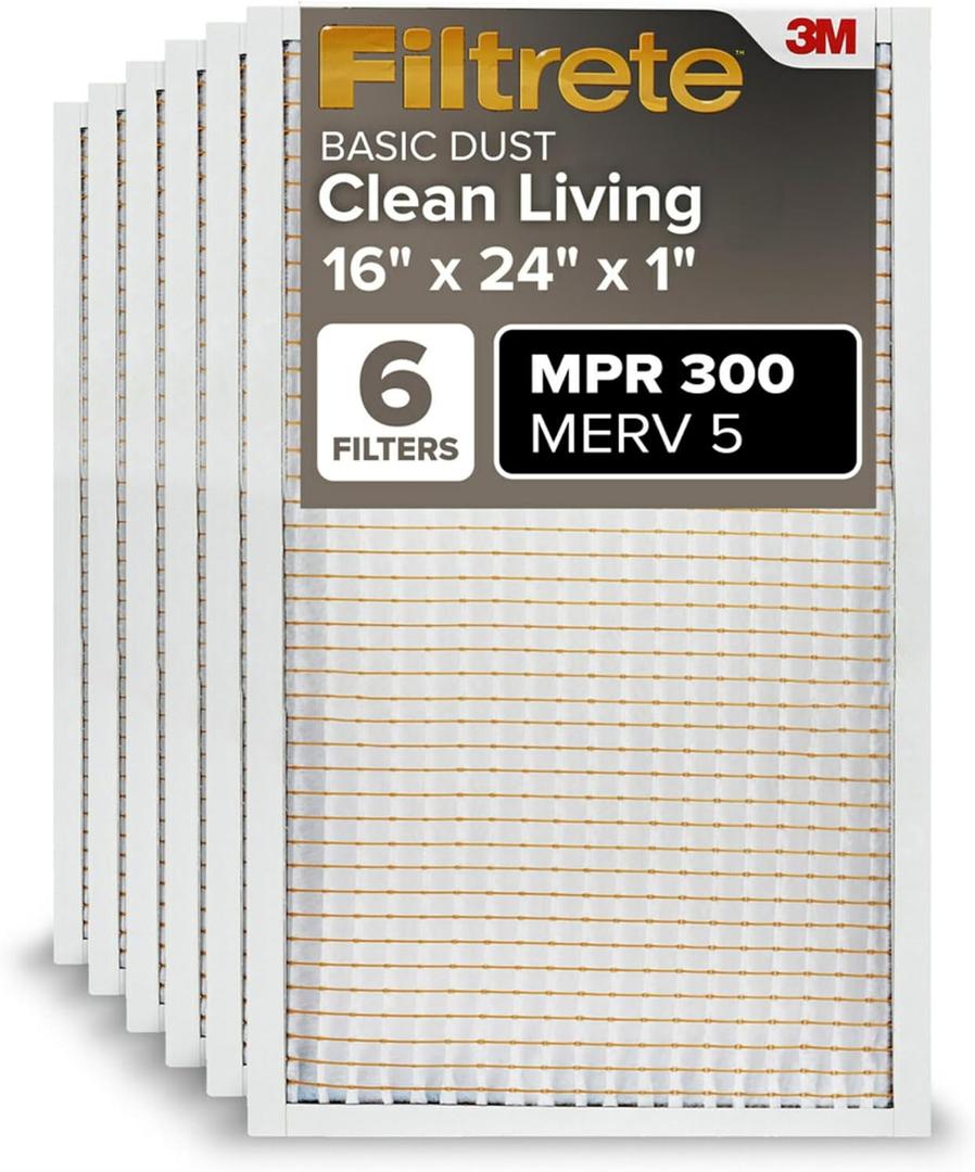 Filtrete 16x24x1 Air Filter, MERV 5, MPR 300, 6 HVAC Filters
Basic Dust & Lint, 3-Month AC/Furnace Filters, Cleaner Air, Reliable Airflow (Act.Size 15.69x23.69x0.81 in)