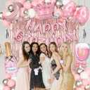 Ouddy Life Pink Happy Birthday Party Decorations for Women Girls, Pink Happy Birthday Love Crown Bow Bottle Lipstick Balloons Fringe Curtain for Princess Birthday Wedding Mother's Day Party Supplies