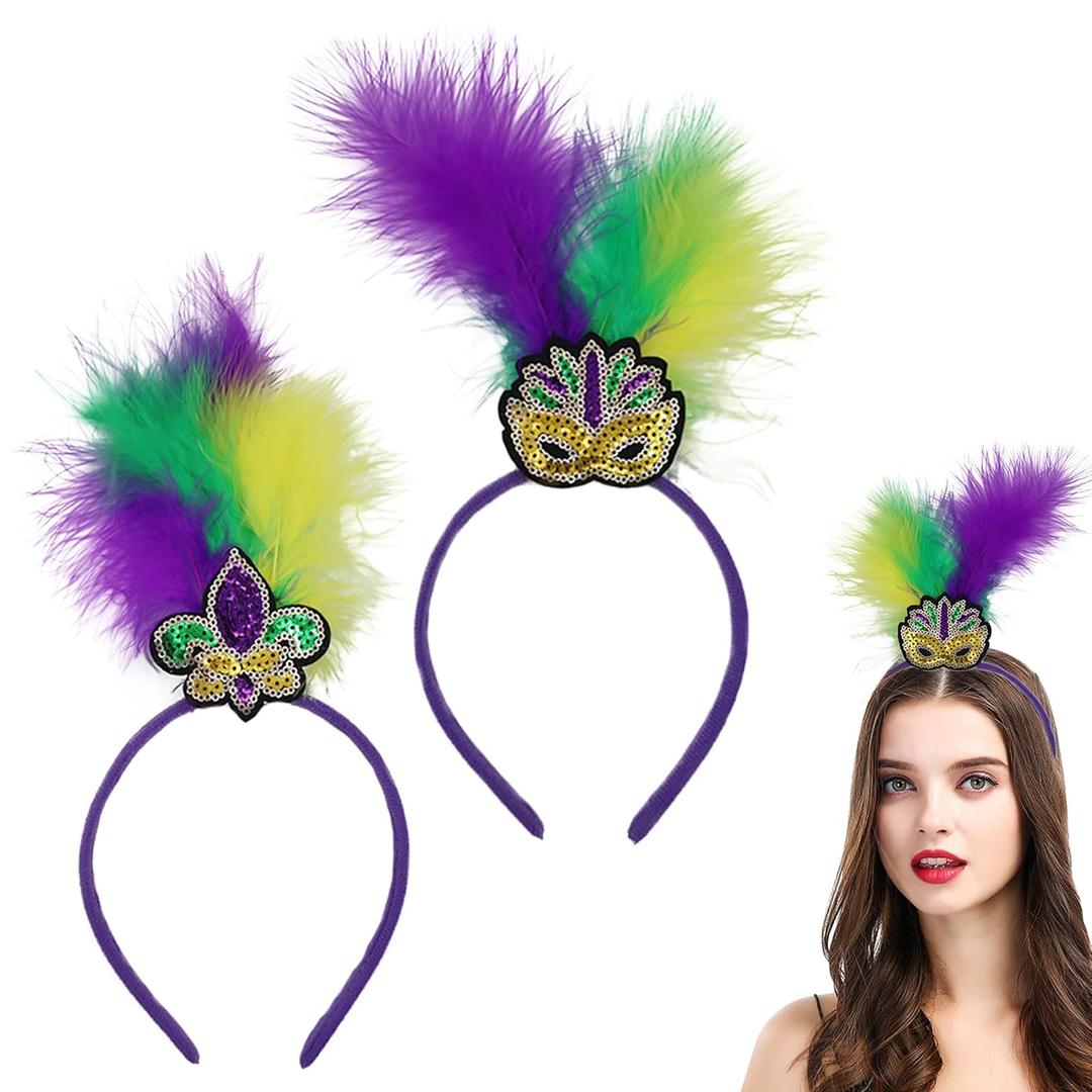 AEGYPIUS Mardi Gras Feather Headband, 2 Pcs Mardi Gras Headpiece for Women Mardi Gras Fascinator, Mardi Gras Feather Headpiece Mardi Gras Headband for Women, Mardi Gras Head Piece for Women