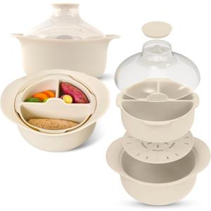 48oz Platinum Silicone 3 Compartmented Microwave Steamer Pot with Handle & Lid - Korean 100% Food-Grade Steamer Bowl, Heat-Resistant Cooker with Steam Holes, Easy Clean, Dishwasher Safe, Ivory