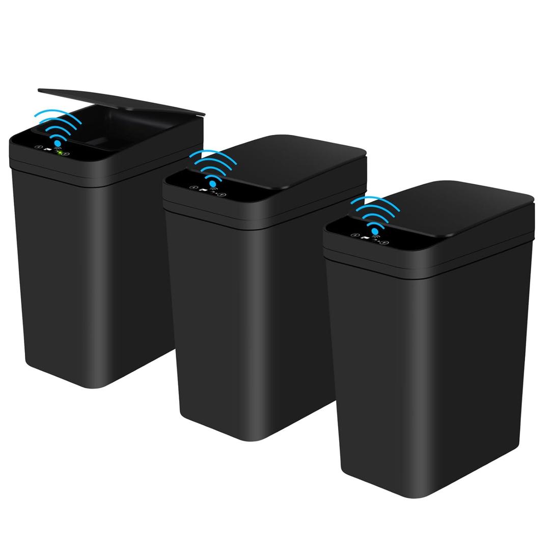 Bathroom Automatic Trash Can 3 Pack 2.2 Gallon Motion Sensor Touchless Small Slim Garbage Can with Lid Smart Electric Narrow Garbage Bin for Bedroom Living Room Office Kitchen (Black)