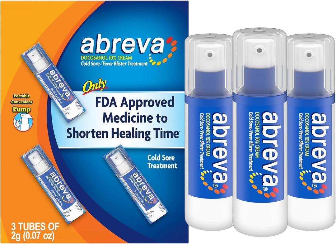 Abreva Docosanol 10% Cream Cold Sore Treatment, Fever Blister and Cold Sore Cream - 0.07 Oz Pump Bottle x 3