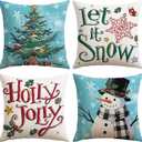 2 x Artscope Christmas Tree Snowman Throw Pillow Covers 18x18 Inch Set of 4, Let It Snow Holly Jolly Winter Hoilday Christmas Decoration Pillow Cases for Home Sofa Couch Decor-Blue