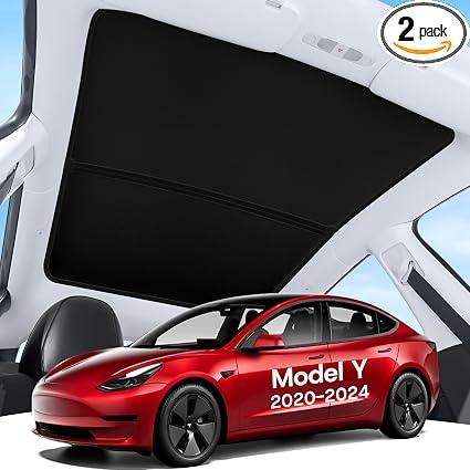 SUMK Upgrade Sunshade Roof for Tesla Model Y 2020-2024, [Graphene Infused Fabric & UPF 50+ & No-Sag] OEM-Fit Precision Heat Insulation Glass Roof Sun Shade for Tesla Model Y Accessories, Black, 2PCS