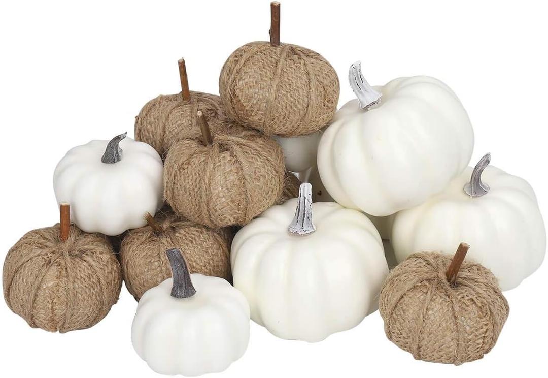 Fabric and White Pumpkins Assorted Size - 16PCS Burlap for Rustic Fall Decor, Perfect Halloween Thanksgiving Decoration Wedding