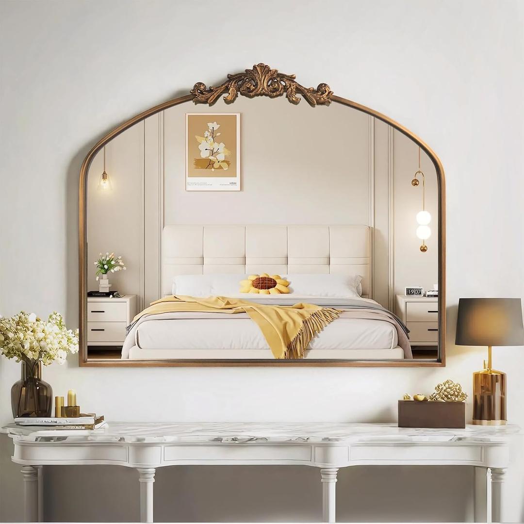 HQiJun Gold Wall Mirror, Large Arched Vintage Baroque Ornate Mirrors, Traditional Decorative Antique Brass Mirror for Entryway Table, Living Room, Bedroom, Bathroom Vanity, Fireplace (30” x 36”)