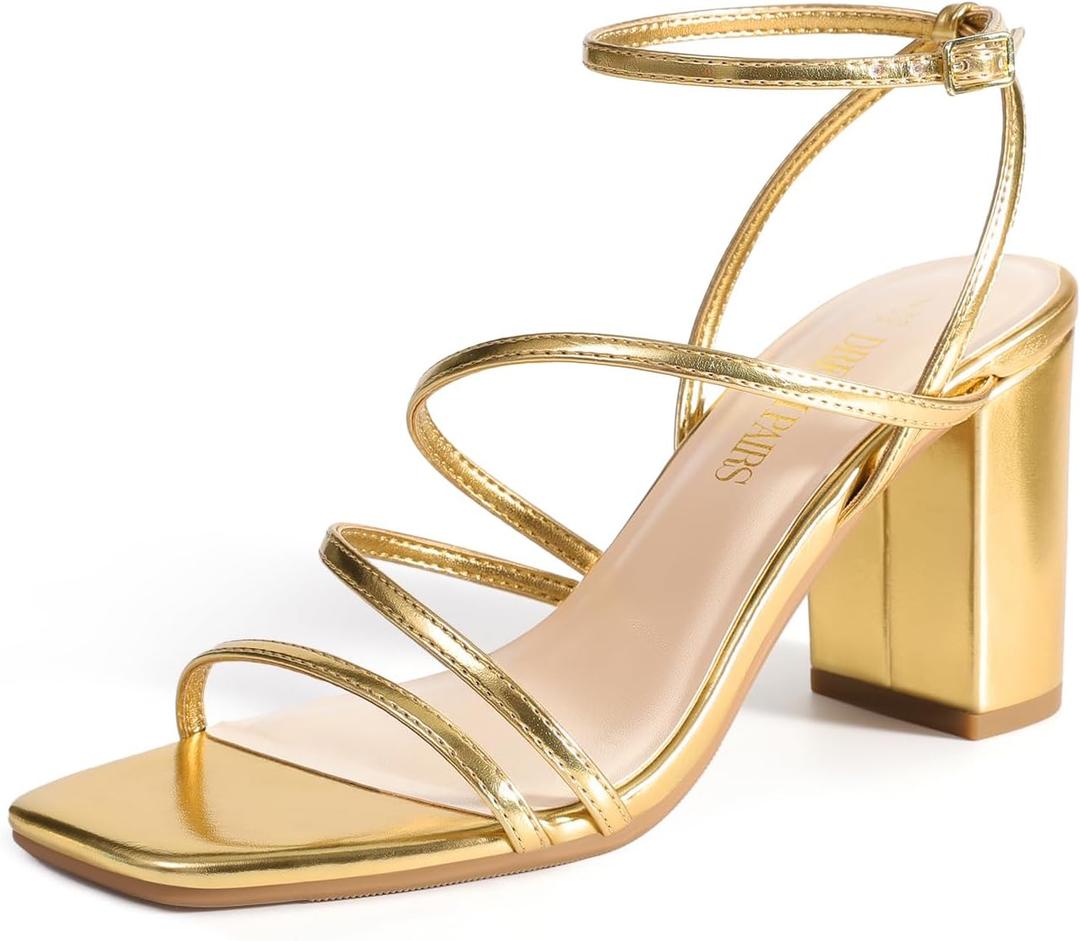 DREAM PAIRS Women's Heels Chunky Block Strappy Square Open Toe Ankle Buckle Heeled Sandals Wedding Party Dress Shoes Indie (9, Gold-pu)
