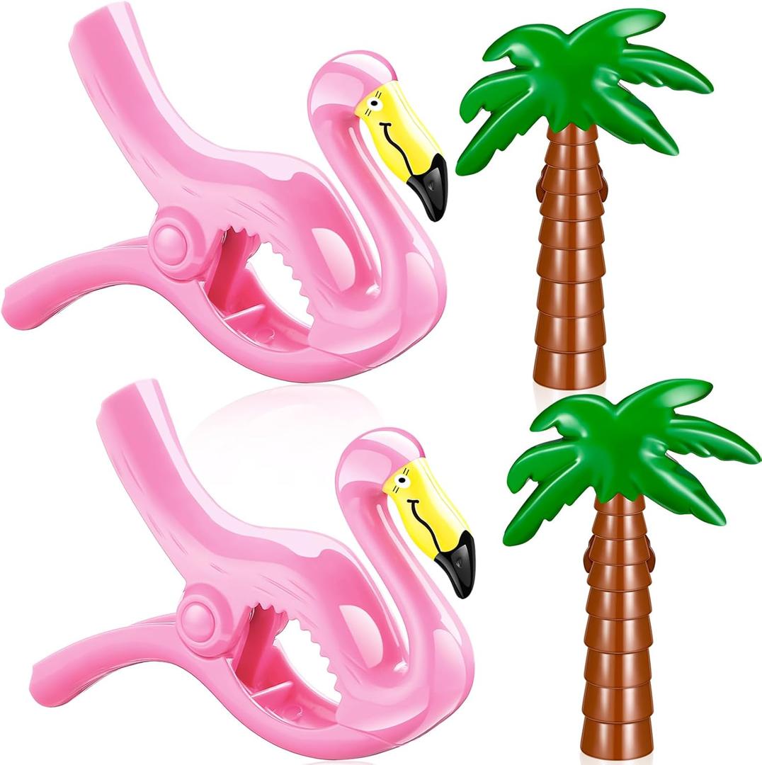 4 Pieces Beach Towel Clip Jumbo Size Chair Clips Towel Holder Clothes Pegs Christmas Stocking Clamp for Cruise Patio Pool Holiday Vacations(Flamingo, Coconut Palm,Pink, Green) (Pink, Green, Flamingo)