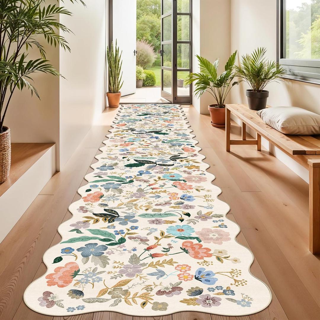 Hallway Floral 2'6x14 Runner Rugs: Washable Scalloped Soft Carpet with Non-Slip Backing for Entryway Kitchen Stain-Resistant Bedroom Floor Mat  Gifts for Newlyweds/Household Home Dcor (2'6x14,Cream)