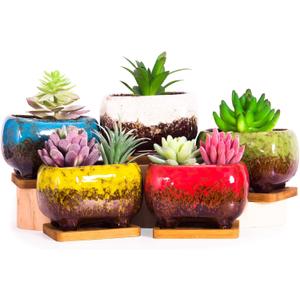 ARTKETTY Succulent Pots - 4.7 Inch Ceramic Succulent Planters Pots with Drainage Set of 5, Rectangular Bonsai Pots with Bamboo Trays Small Pots for Indoor Cactus Flower Plants for Home Office Decor