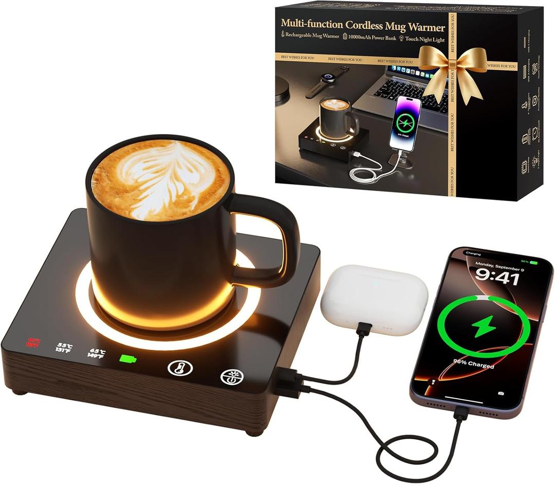 Mug Warmer, Cordless 180 Min Battery Life, 10000mAh Portable Charger, Wireless Coffee Cup Warmer for Desk, 3 Temp Settings, Smart Candle Heat Plate for Home, Office, Travel, Camping & Gifts for Men (Brown)