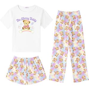Arshiner Girls Pajama Set 3 Piece Short Sleeve Sleepwear Summer Soft Cute Pjs Outfits (9-10 Years, Rainbow Teddy)