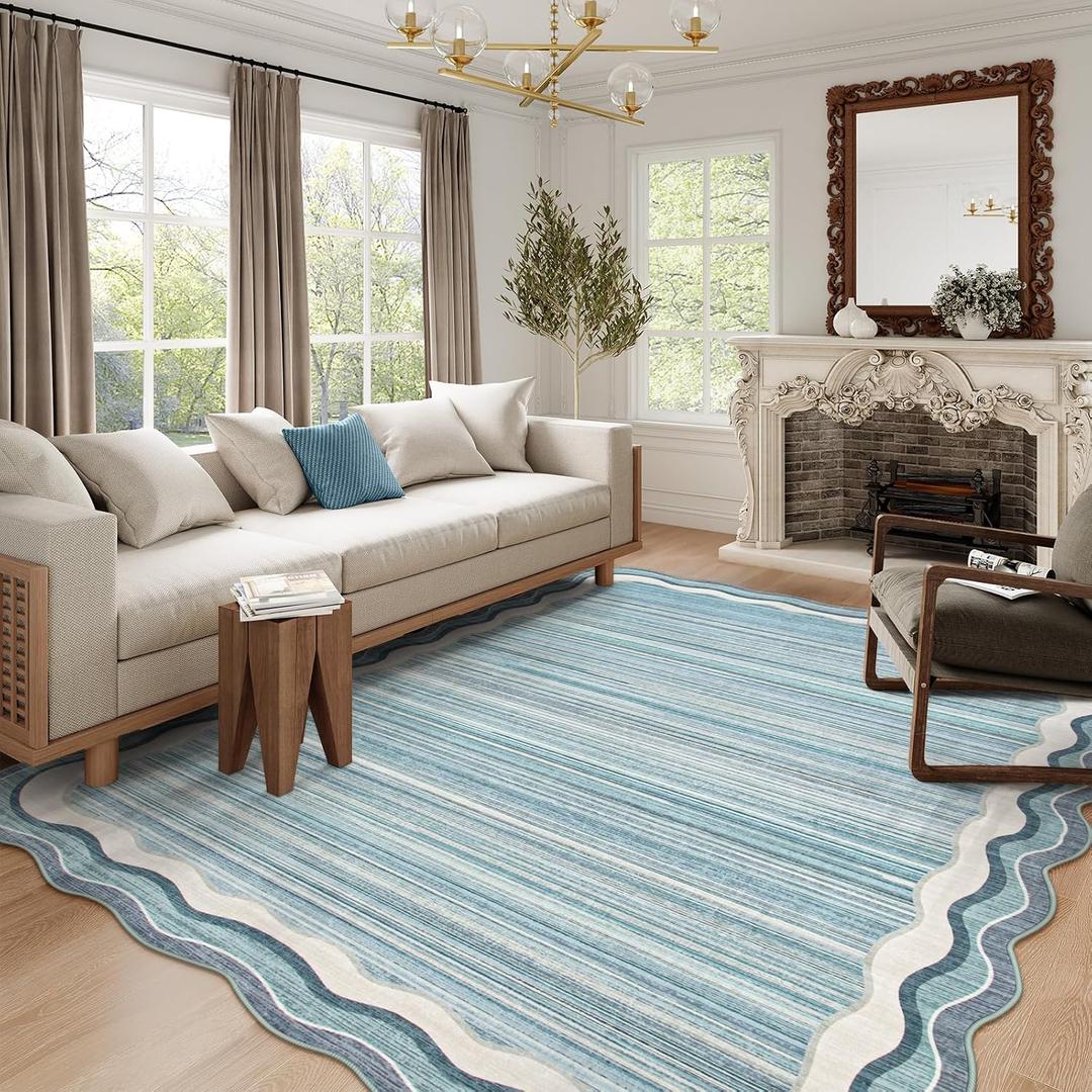 Lahome Estelle Scalloped 8x10 Area Rugs for Living Room, Washable Soft Blue Rug for Bedroom, Abstract Modern Non Slip Low Pile Indoor Carpet for Dining Room Home Office (Blue, 8x10)