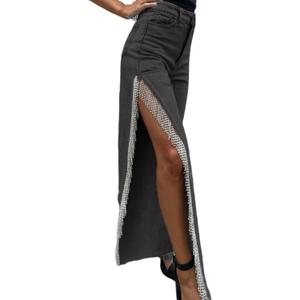 Women High Waisted Jeans Straight Wide Leg Pants with Rhinestone Fringe Trim Split On The Side (XL, Grey)