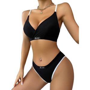 Verdusa Women's Letter Print Lingerie Sets 2 Piece V Neck Bra and Panty Set (Large, Black)