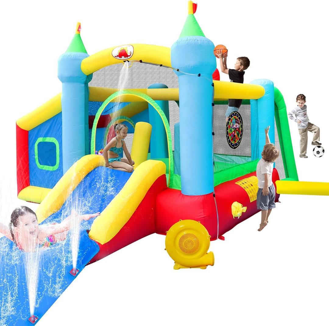 Inflatable Bounce House and Extended Long Water Slide, Jumping Castle Slide with Blower, Kids Bouncer with Ball Pit, Dart Target Game
