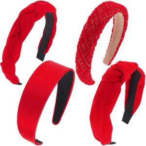 Taiyin 4 Pack Red Headbands for Women, Knotted & Braided Satin Velvet Hairbands, Non Slip Criss Cross Wide Headband Set, Bridal Fashion Hair Accessories, Gift for Mom Women Girls