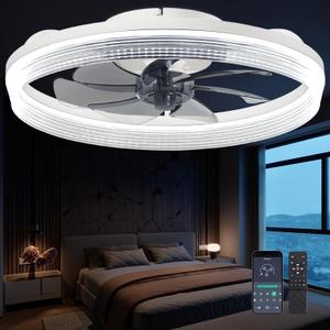 Ceiling Fans with Lights and Remote Fandelier - 20'' White Flush Mount Low Profile Modern Ceiling Fans for Bedroom - Stepless Color Temperature and 6 Speeds
