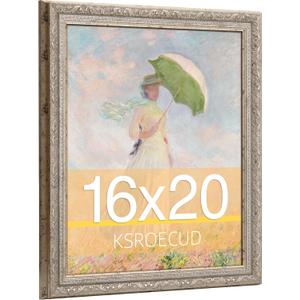 16x20 Picture Frame, HD Real Glass 16x20 Ornate Vintage Photo Frame, 16 by 20 Oil Painting Poster Frame with Vintage Silver Border and Distressed Rust-Like Finish, Horizontal & Vertical Display for Tabletop or Wall Decor (1 Pack）