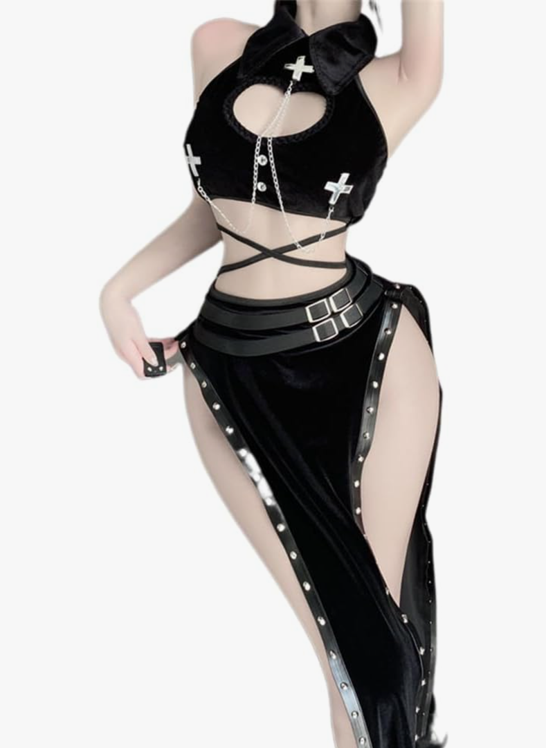 QNCLO
Women's cosplay sexy high slit cheongsam underwear lace mesh velvet Chinese dress One Size