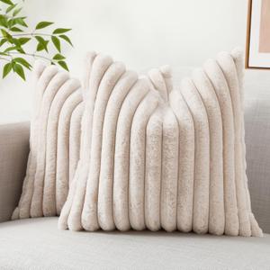 decorUhome Faux Fur Throw Pillow Covers 20x20 Set of 2, Decorative Soft Plush Striped Neutral Couch Pillow Covers with Velvet Back for Sofa, Bed, Living Room Home Decor, Beige