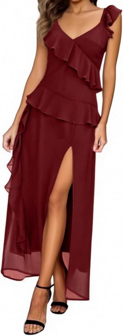 Women's Ruffle Spaghetti Strap Maxi Dress 2026 Sleeveless Flowy Long Party Wedding Guest Cocktail Beach Dress (XL)