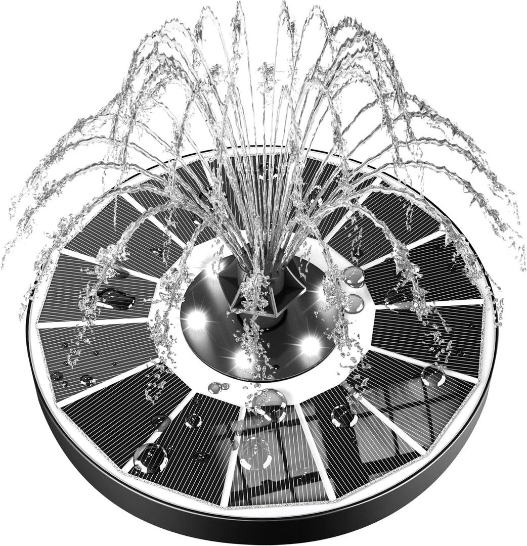 SZMP Solar Fountain Upgraded 100% Glass Panel, 3.5W Floating Solar Powered Water Pump Built-in 2000 Battery with 7 Nozzle & 4 Fixer, Solar Bird Bath Fountains for Garden, Pond, Outdoor (White) (White Led Lights)