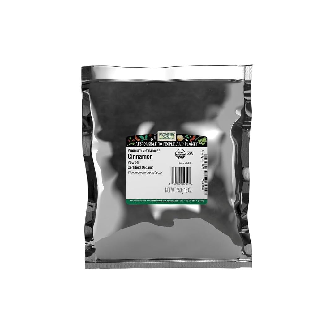 Frontier Organic Ground Vietnamese Cinnamon, 1-Pound Bulk, Premium Quality Cinnamon, Full Balanced Spicy Flavor, Kosher (EXP 12/01/26)